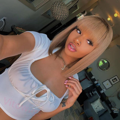 Short Straight Wig Light Brown Bob Wig With Bangs