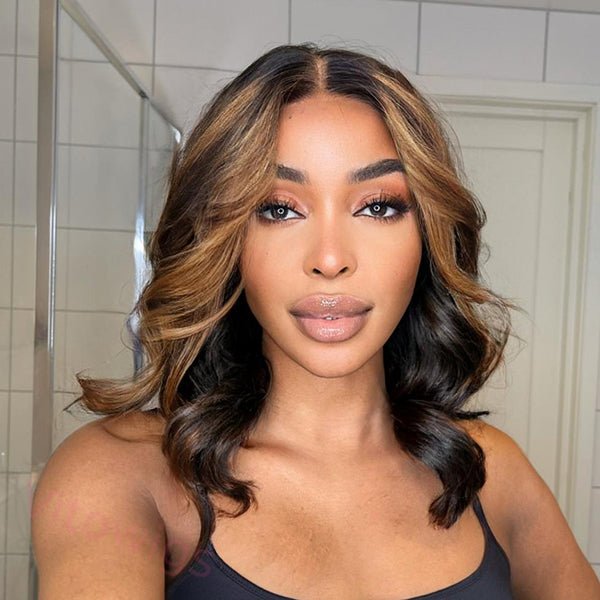 Glueless Brown Mixed Blonde Short Bob Body Wave Wig For Women
