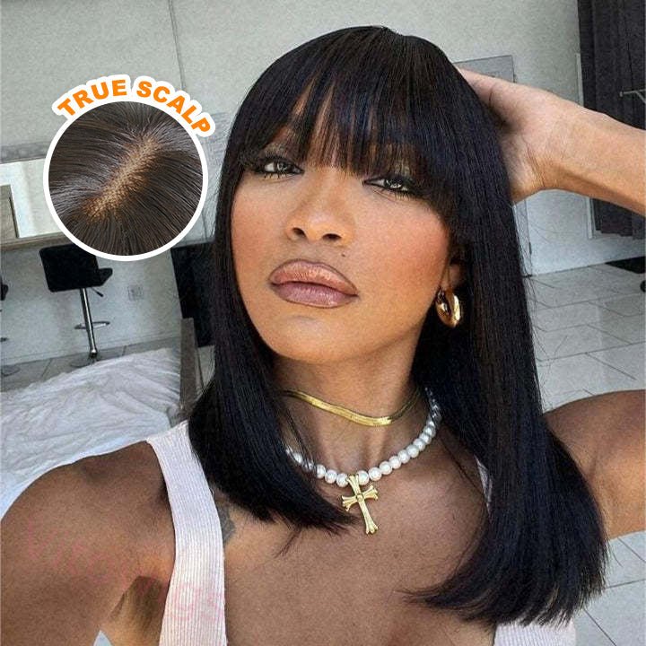 Brown Brazilian Straight Hair BOB Wigs Lady Wig With Bangs