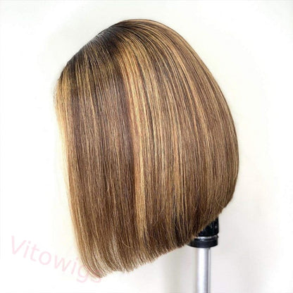 Straight Bob Wig Brown Mixed Blonde Highlights Wig