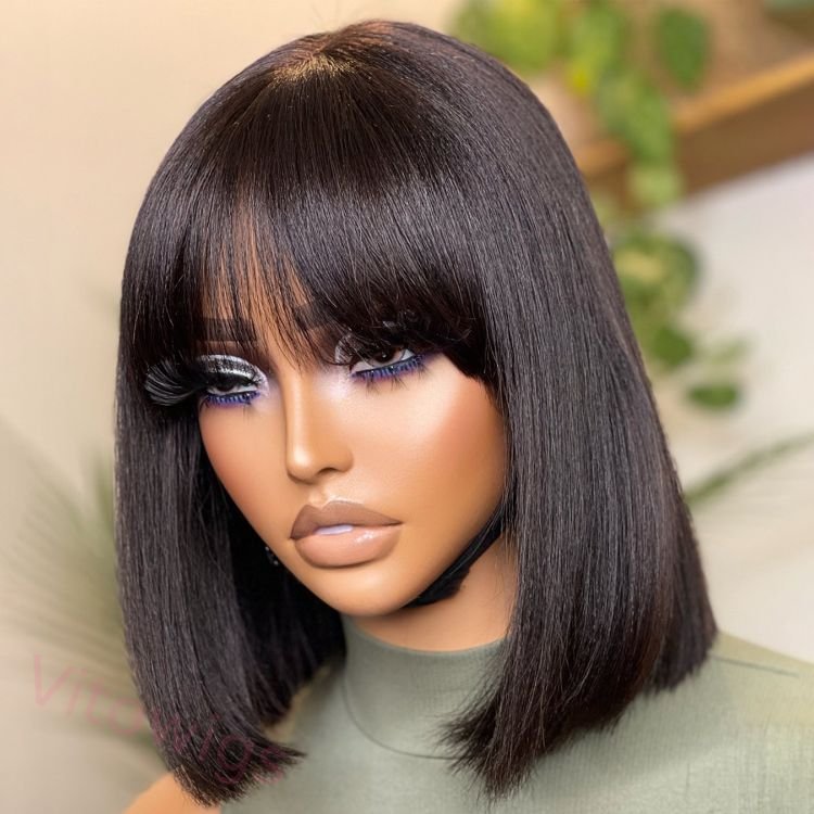 New Glueless Short Bob Wig With Bangs Straight Hair Wigs