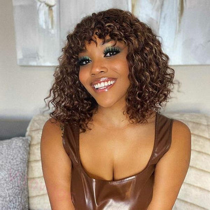 Brown Brazilian Remy Curly Hair Wig With Bangs Glueless Wigs