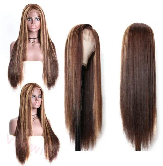 Hightlight Brown Mixed Blonde Long Hiar Wig Straight Wig