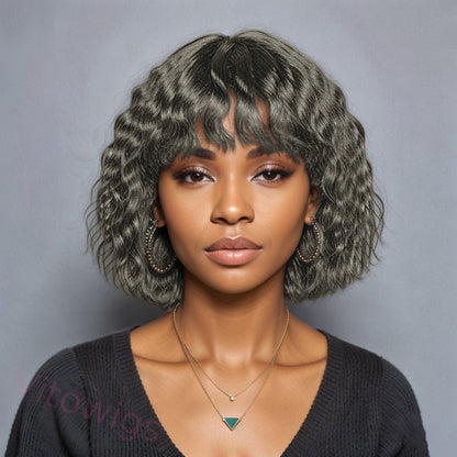 Salt and Pepper  Curly Hair Wig With Bangs Glueless Wigs