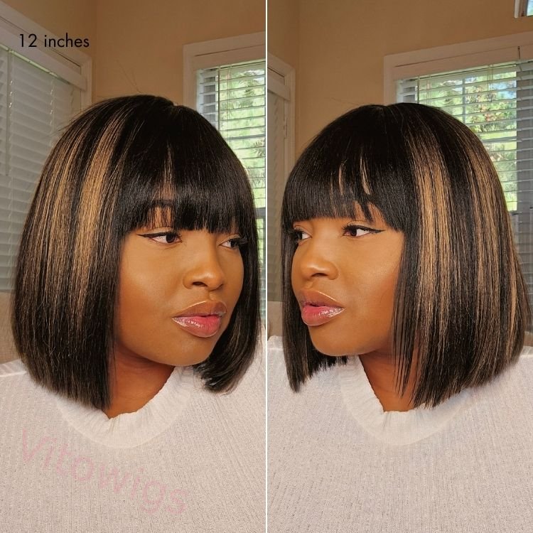 Glueless Brazilian Hightlight Brown Straight Hair BOB Wigs With Bangs