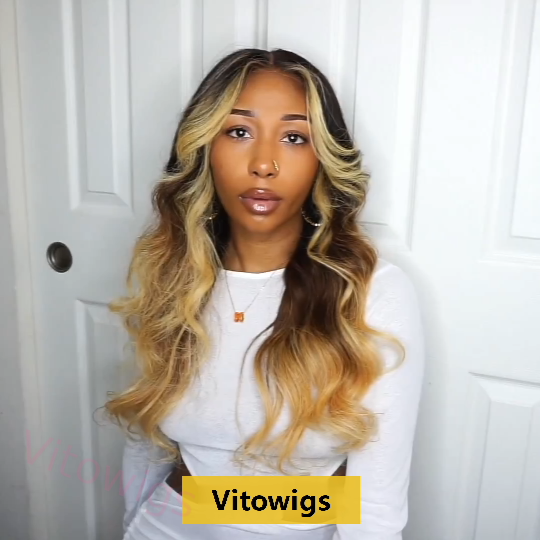 Glueless Highlight Brown Mixed Gold Long Body Wavy Hair Wig