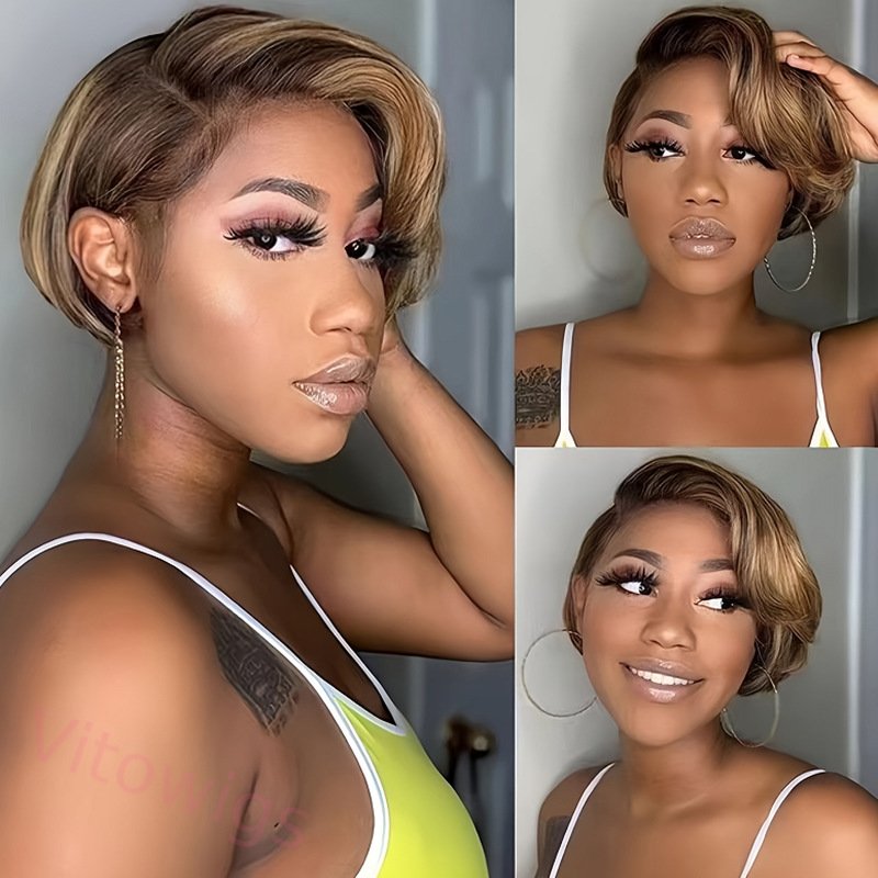 Glueless Hightlight Brown Short Bob Styles Silky Hair Straight Wig