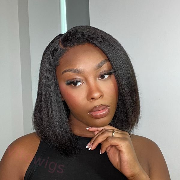 New Glueless Kinky Straight 200% Density Black Bob Wigs