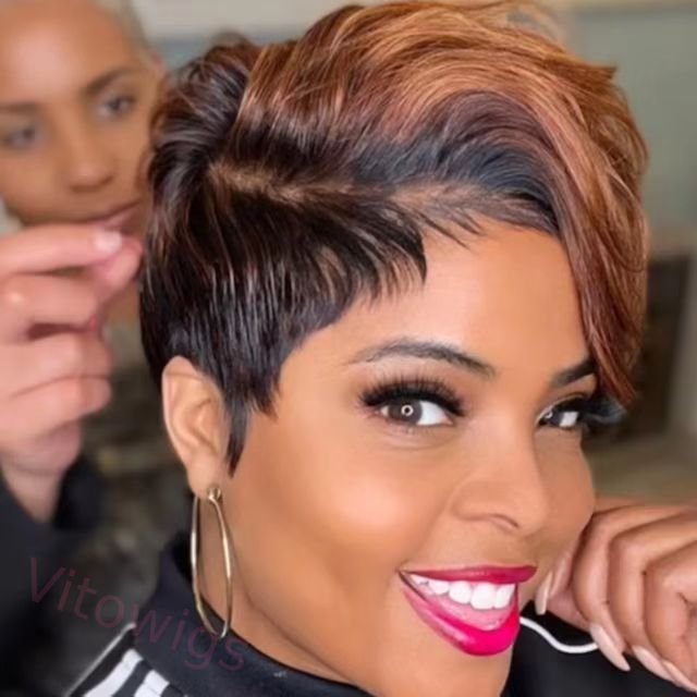 Glueless Mixed Brown Short Straight Pixe Cut Hair