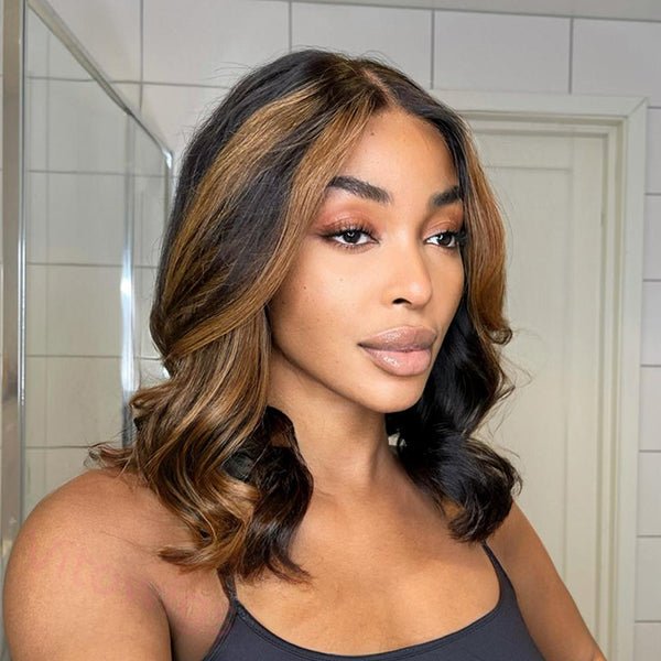 Glueless Brown Mixed Blonde Short Bob Body Wave Wig For Women