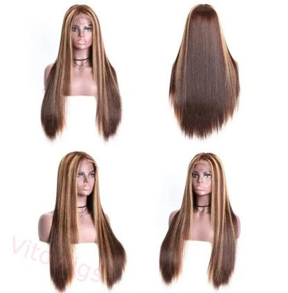 Hightlight Brown Mixed Blonde Long Hiar Wig Straight Wig