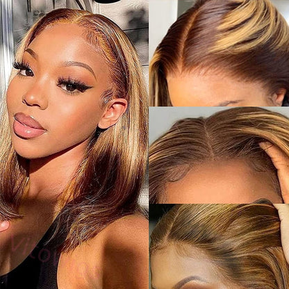 Straight Bob Wig Brown Mixed Blonde Highlights Wig