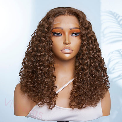 New Glueless Brown Brazilian Water Wave Curly Wig