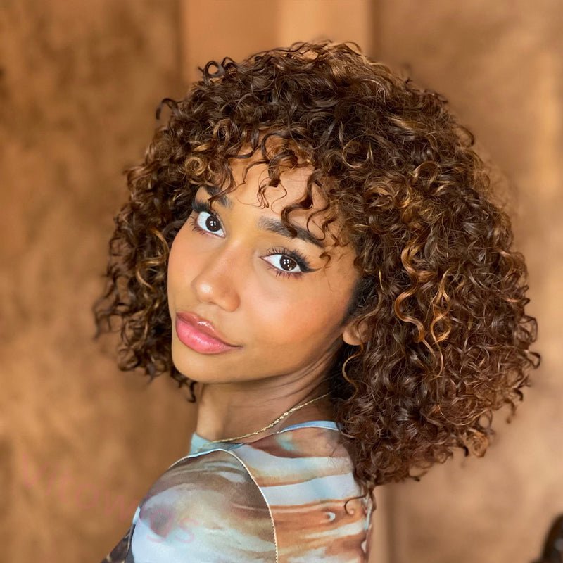 Short Bob Curly Hair Black Wave Wig With Bangs