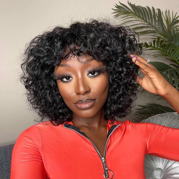 Short Bob Curly Hair Black Wave Wig With Bangs