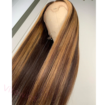 Brown Mixed Gold Highlight Straight Wigs