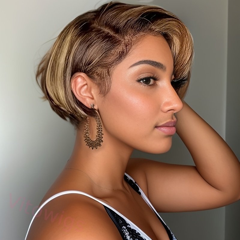 Glueless Hightlight Brown Short Bob Styles Silky Hair Straight Wig