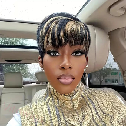Glueless Salt and Pepper Short Straight Pixe Cut Hair