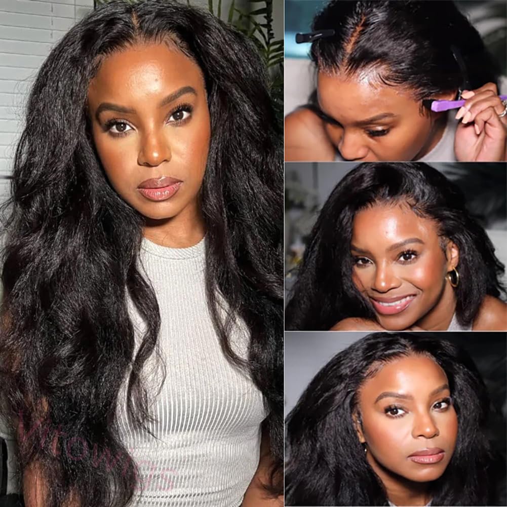 Glueless Kinky Yaki Straight Brazilian Black Long Wigs