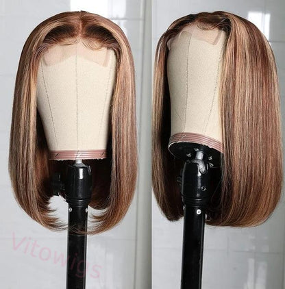 Straight Bob Wig Brown Mixed Blonde Highlights Wig