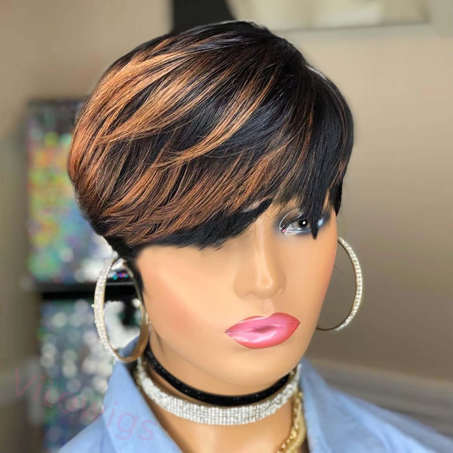 Glueless Black Gold Short Straight Bob Pixe Cut Hair