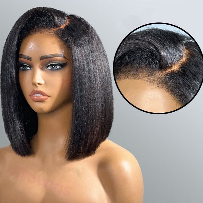 New Glueless Kinky Straight 200% Density Black Bob Wigs