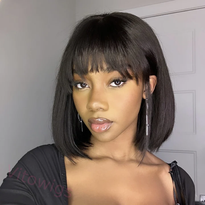 Brown Brazilian Straight Hair BOB Wigs Lady Wig With Bangs