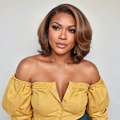 New Glueless Hightlight Brown Mixed Blonde Wave Wig