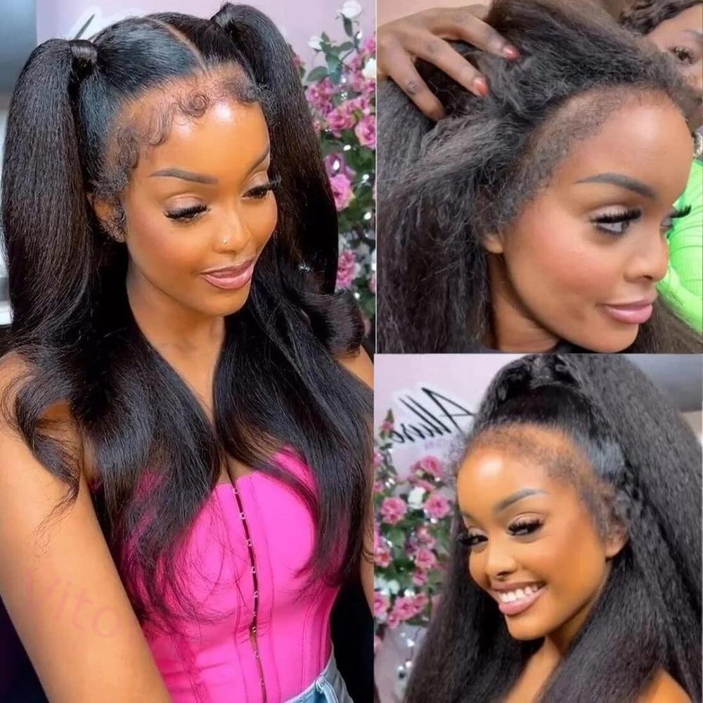 Glueless Kinky straight 200% density glueless brazilian black wigs