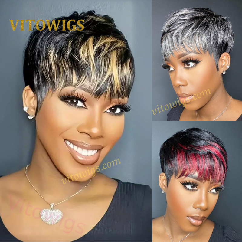 Glueless Salt and Pepper Short Straight Pixe Cut Hair