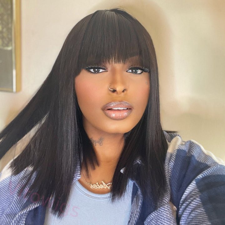 Brown Brazilian Straight Hair BOB Wigs Lady Wig With Bangs