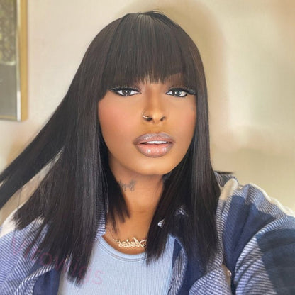Brown Brazilian Straight Hair BOB Wigs Lady Wig With Bangs