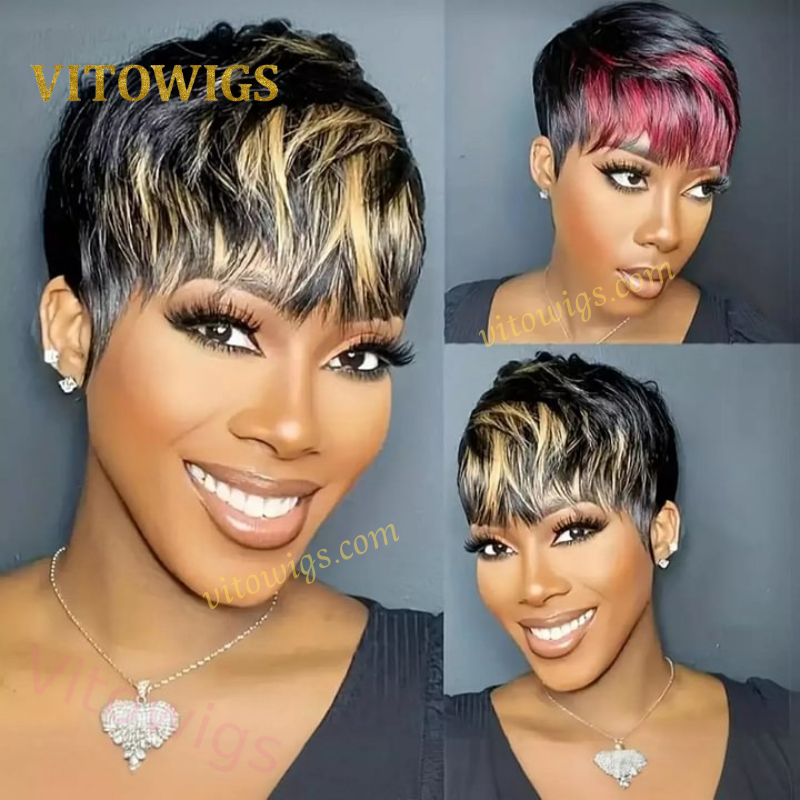 Glueless Salt and Pepper Short Straight Pixe Cut Hair