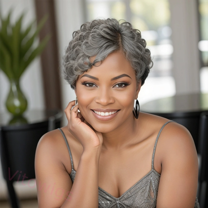 Salt & Pepper Edgy Pixie Cuts Glueless Wig