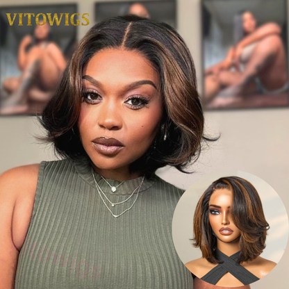 Brown Highlight Short Layered Bob Wig Glueless Wig