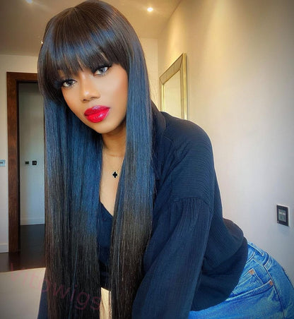 Glueless Beautiful Natural Black Long Straight Wig With Bang