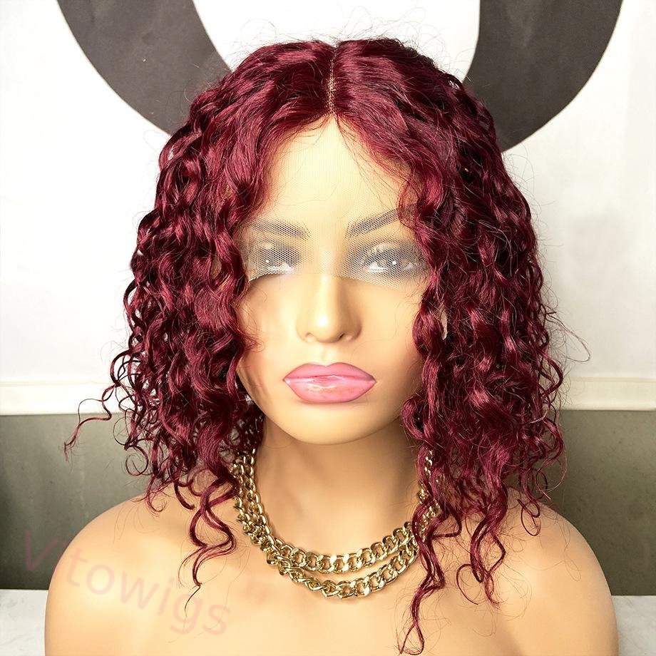 Wine Red Short Curly Lace Front Wigs