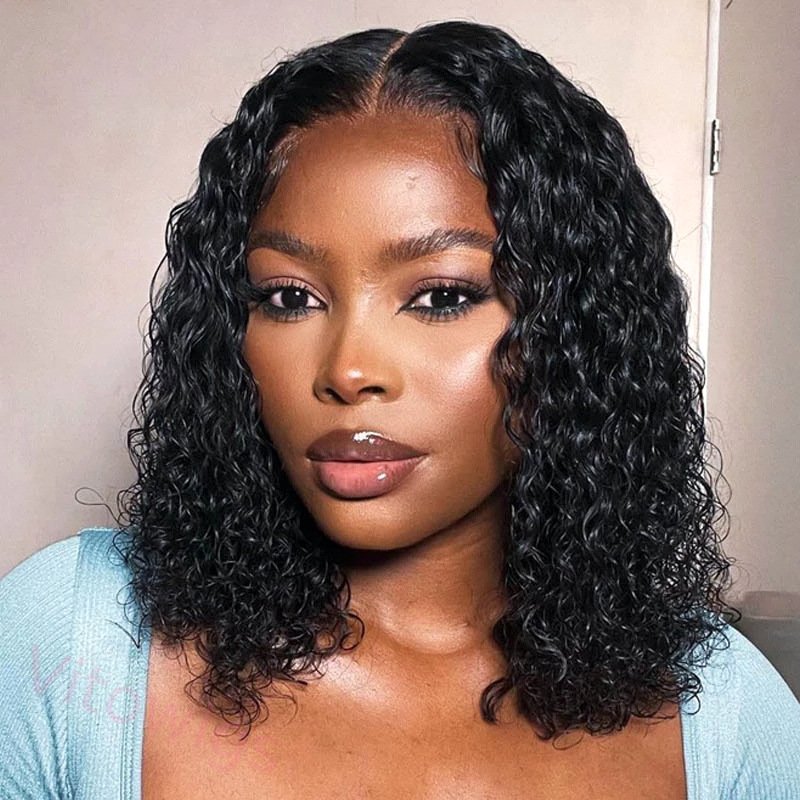 Natural Centre Parting Black Short Curly Bob Wig