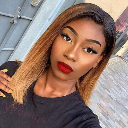 Black Gradient Light Brown Brazilian Straight Hair Bob Wigs Lady Wig
