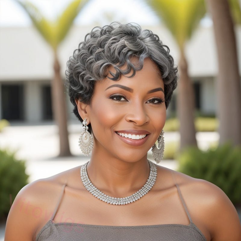 Salt & Pepper Edgy Pixie Cuts Glueless Wig