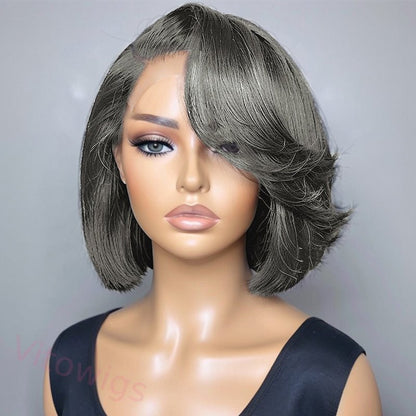 Salt and Pepper Grey Glueless Wavy Bob Hair Wig
