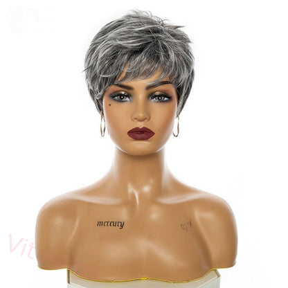 New Glueless Salt and Pepper Short Straight Bob Pixe Cut Wig