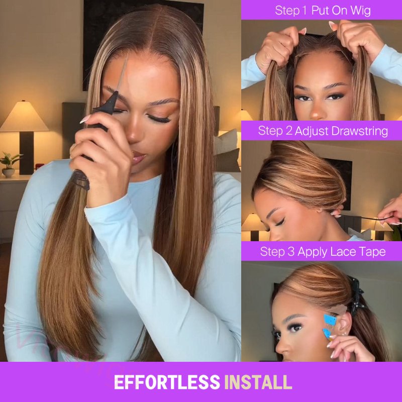 Highlight Honey Blonde Glueless Wigs Silky Long Straight Wig