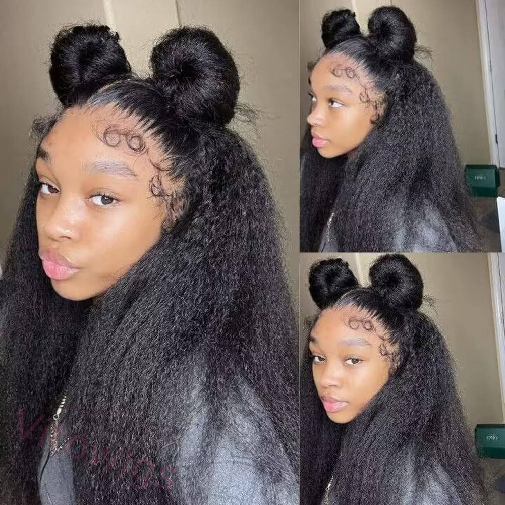 Glueless Kinky Yaki Straight Brazilian Black Long Wigs