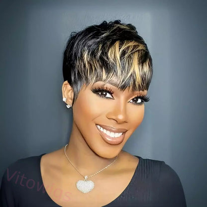 Glueless Salt and Pepper Short Straight Pixe Cut Hair