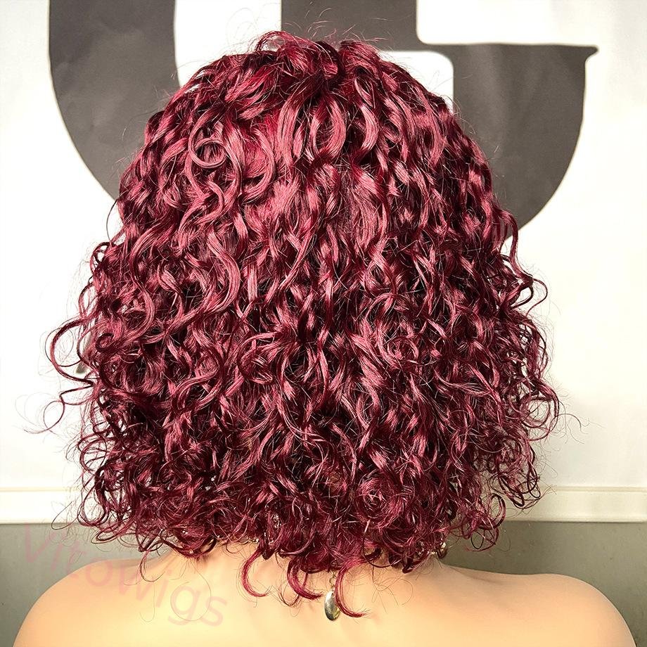 Wine Red Short Curly Lace Front Wigs