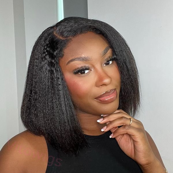 New Glueless Kinky Straight 200% Density Black Bob Wigs
