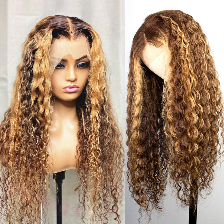 Glueless Hightlight Mixed Blonde Brazilian Long Hair Curly Wig