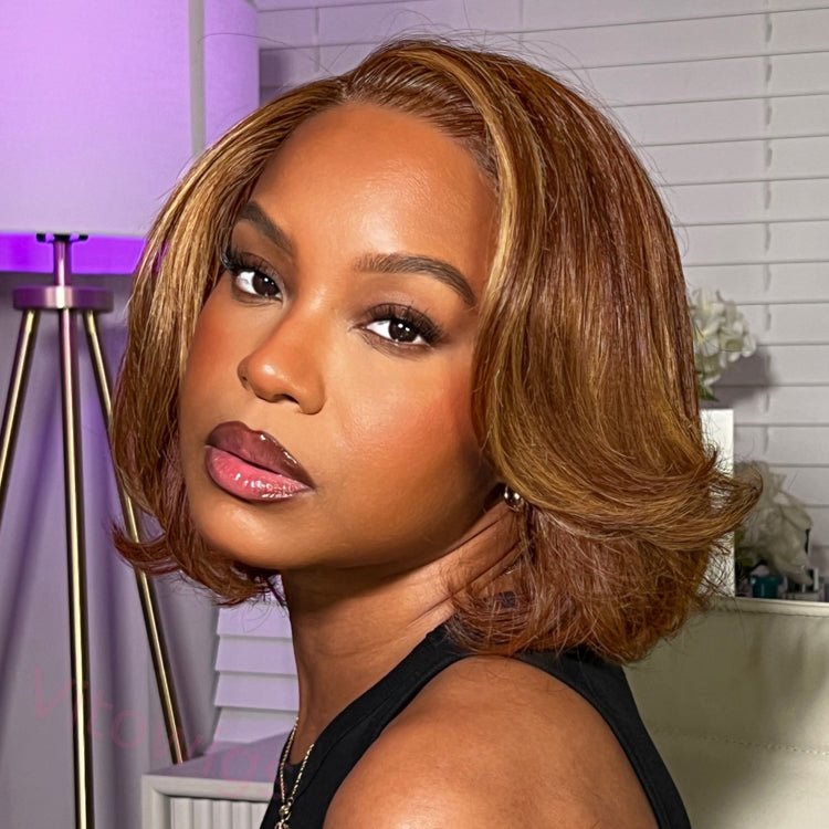 New Glueless Hightlight Brown Mixed Blonde Bob Wave Wig