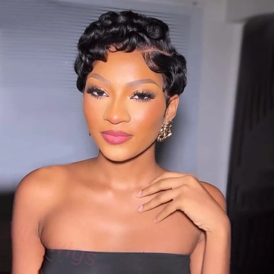 Black Pxied Cut Short Wave WChic Curly Wigs